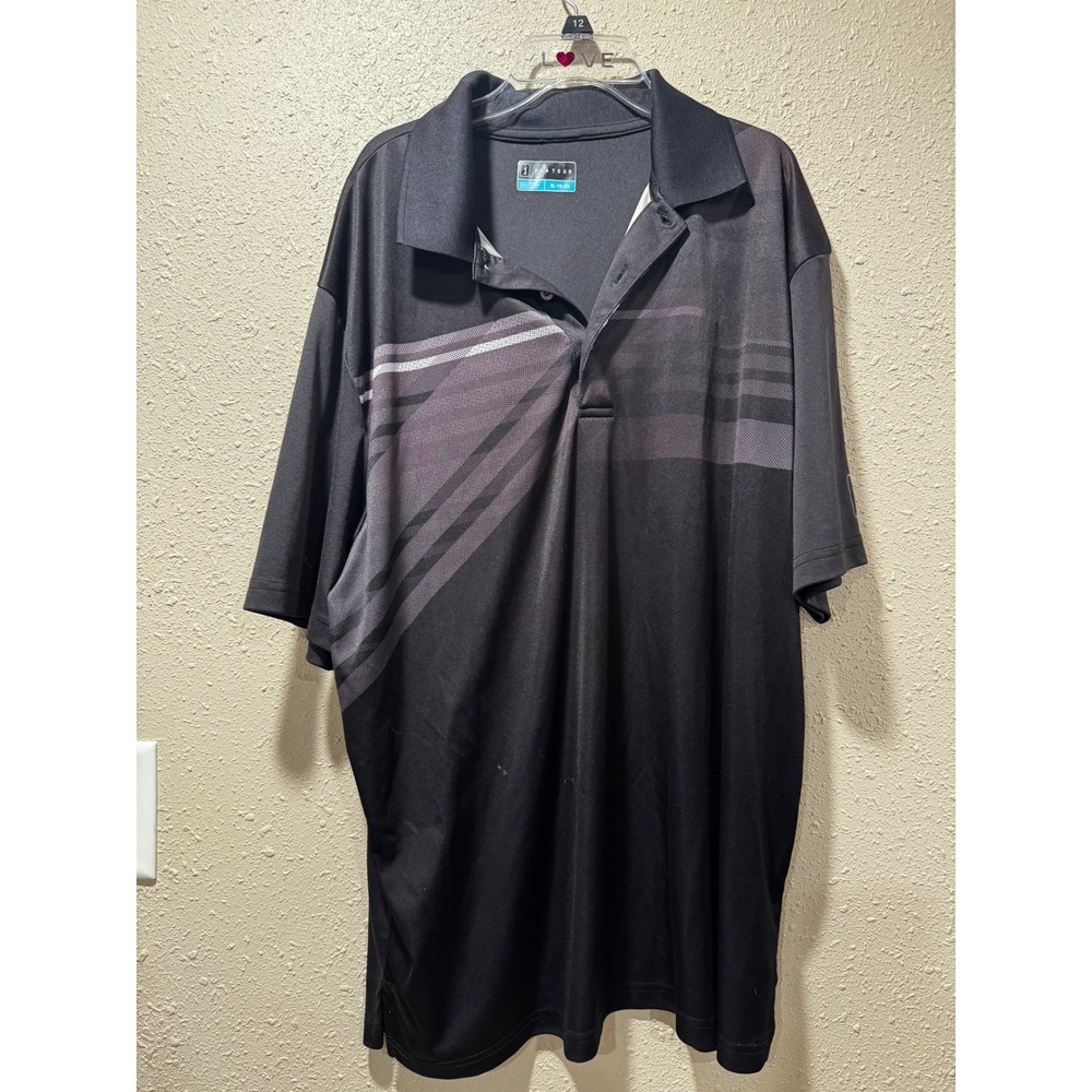 PGA Tour Mens Golf Polo Shirt XL Black Grey Diagonal Stripe PerformanceShort Slv